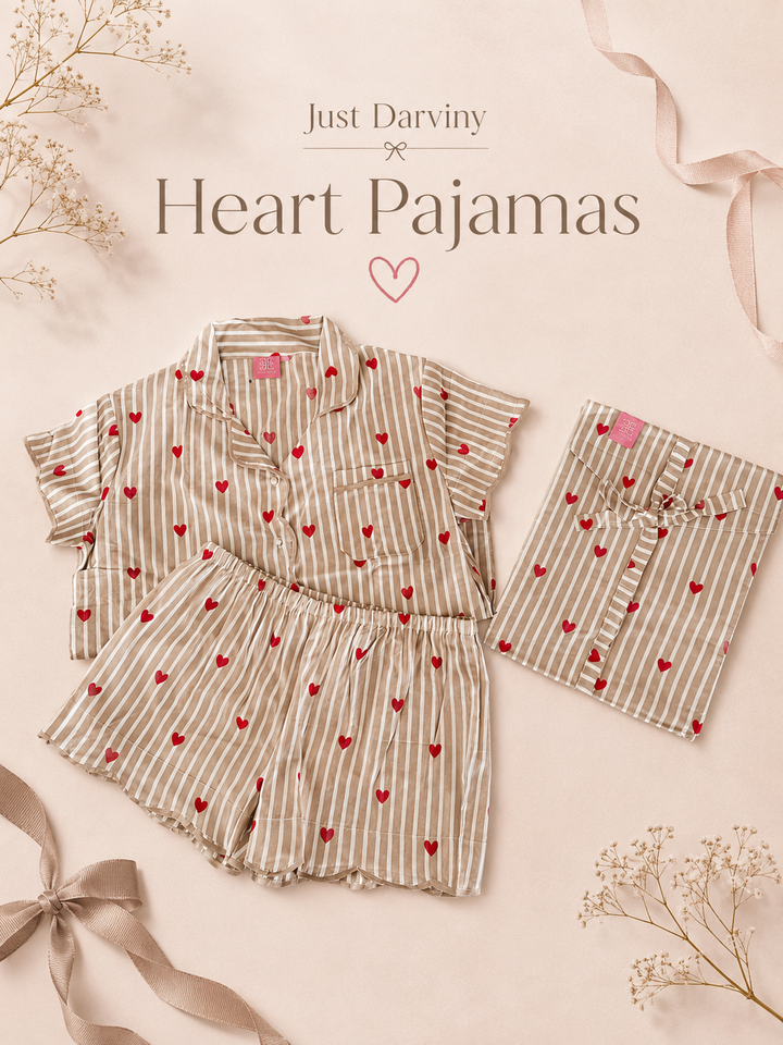 Short Pajama Set Beige Hearts