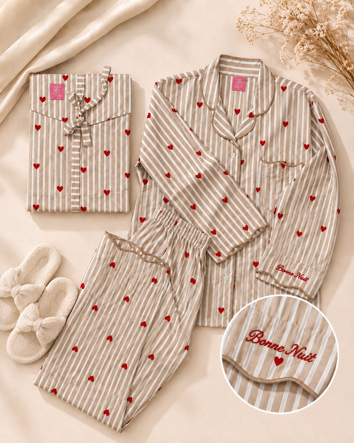 Long Pajama Set Beige Hearts