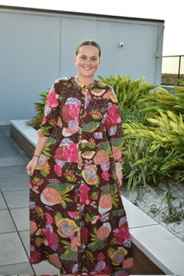 Boho Summer Long Dress Floral Cocoa Brown