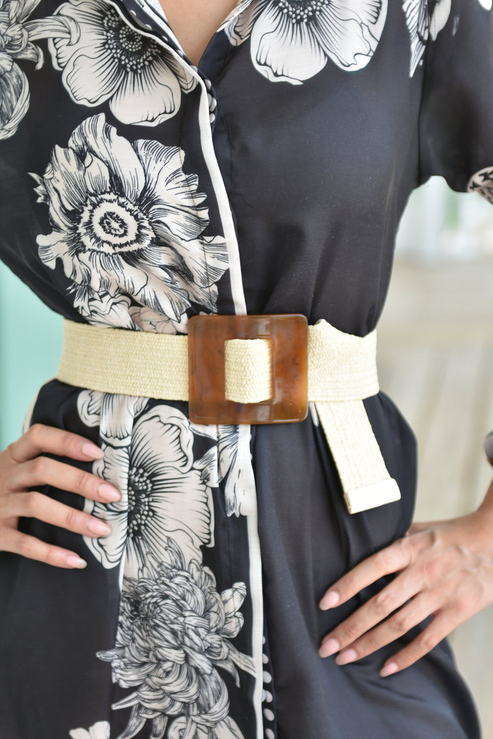 Lucite Square Buckle Raffia Belt Ivory