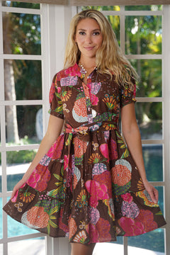 Ibiza Short Dress Floral Cocoa Brown