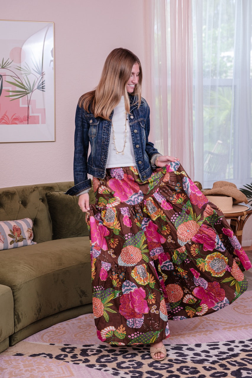 Boho Skirt Floral Cocoa Brown